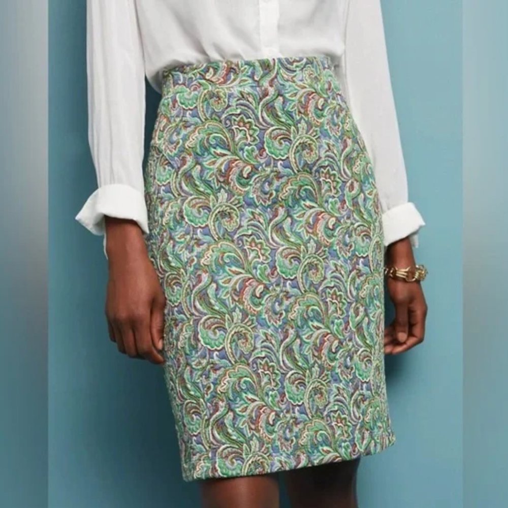 Anthropologie MAEVE Green Paisley Pattern Jacquard Stretch Pencil Skirt, Size M